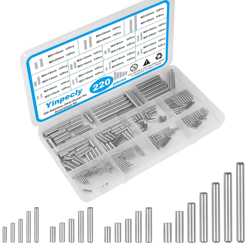 Yinpecly 220Pcs 304 Stainless Steel Dowel Pin, 22 Sizes M2 M3 M4 M5 Cylindrical Shelf Support Peg Pin Fasten Elements Assortment Kit