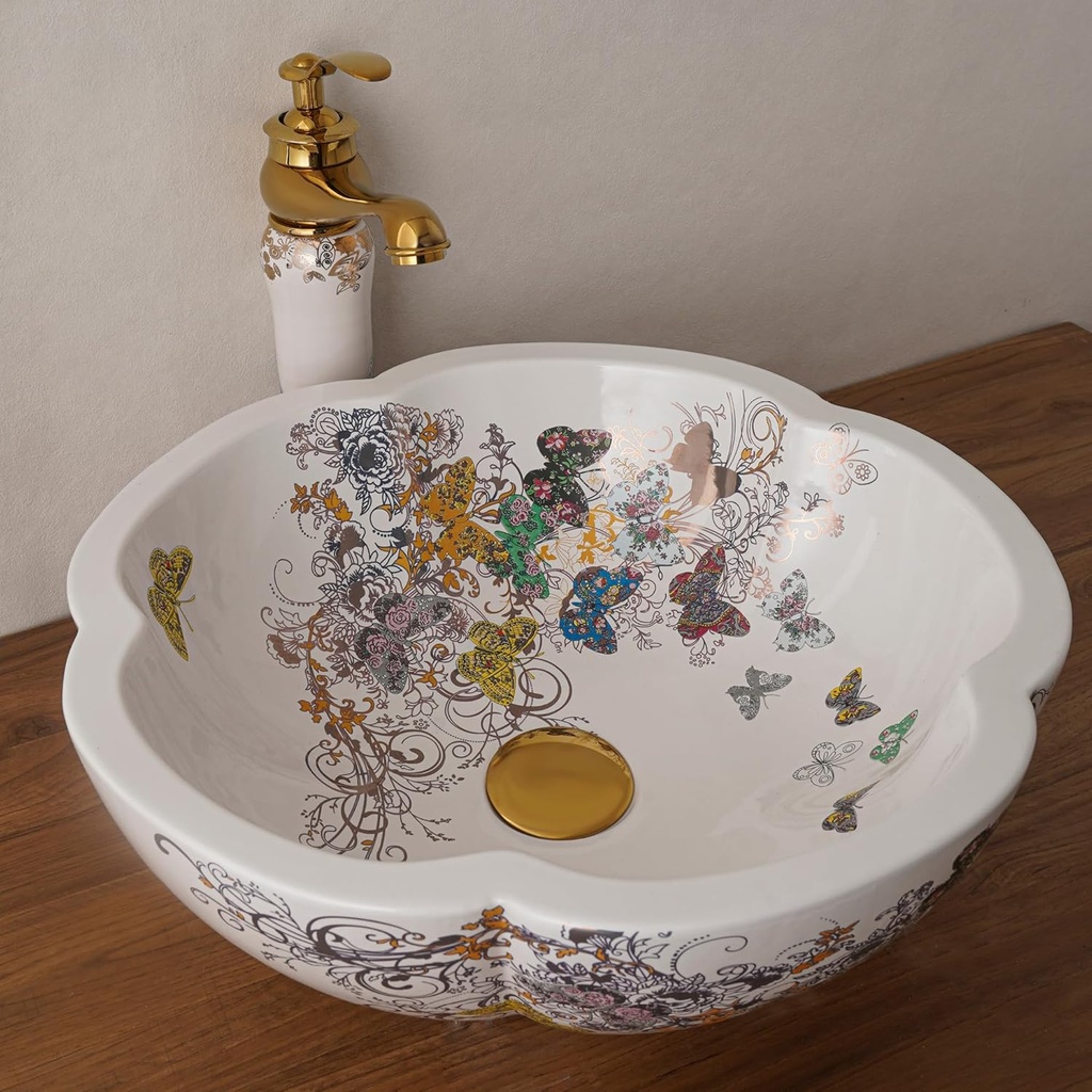 Vessel Bathroom Sink Flower Shape Design Porcelain Above Counter Sink for Bar and Cloakroom Chinese Vanity Bowl