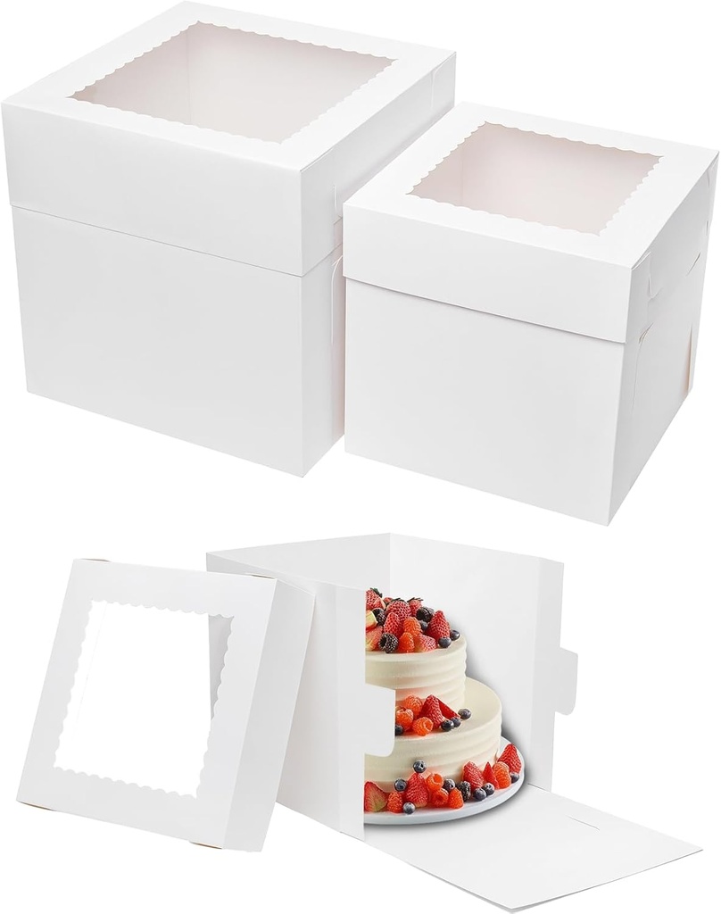 16pcs Cake Boxes 2 Sizes 12x12x12 10x10x10 Inches Tall Cake Boxes with Window for Tier Baking Disposable Bakery Containers with Lids White Large Cardboard Take Out Carrier for Wedding, Party