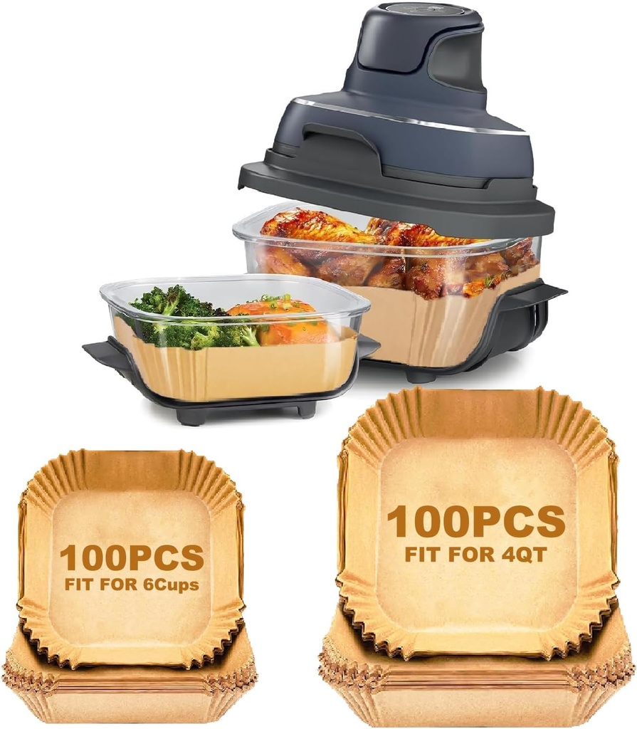 200PCs Air Fryer Paper Liners for Ninja Crispi FN101GY/FN101SG/FN101ST,Non-Stick Square Glass Air Fryer Disposable Accessories, 100pcs Large for 4-QT & 100pcs Small for 6-Cups Container