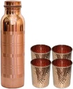 Copper Water Bottle With 2 Hammered Glass Drinkware Set Copper Item Water Storage Item For Kitchen Use- Set Of 3 (1000 ML Bottle, 300 ML Glass)