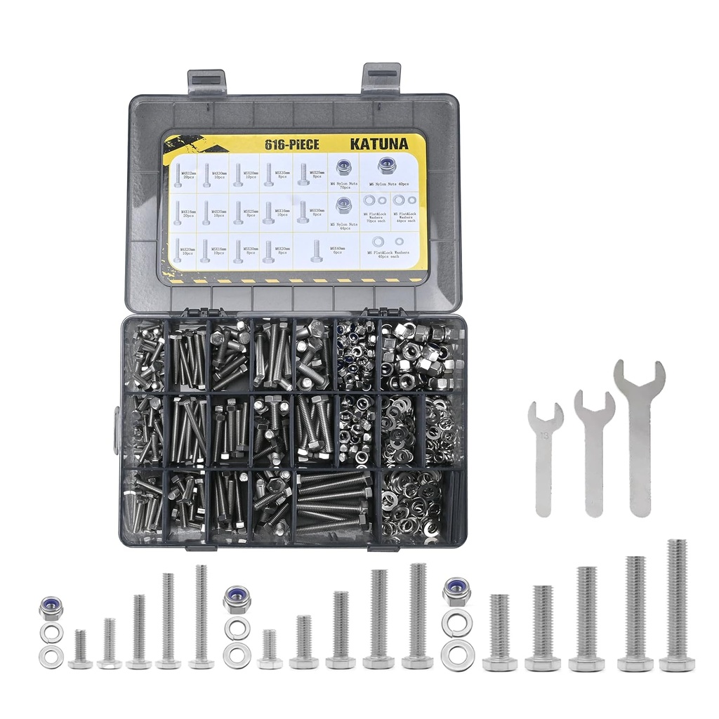 304 Stainless Steel 616-Piece Metric Bolt & Nut Assortment Kit: M4/M5/M6 & 15 Metric Sizes, Hex Head Cap Screws, Fully Threaded Bolts/Nuts with Flat & Spring Washers