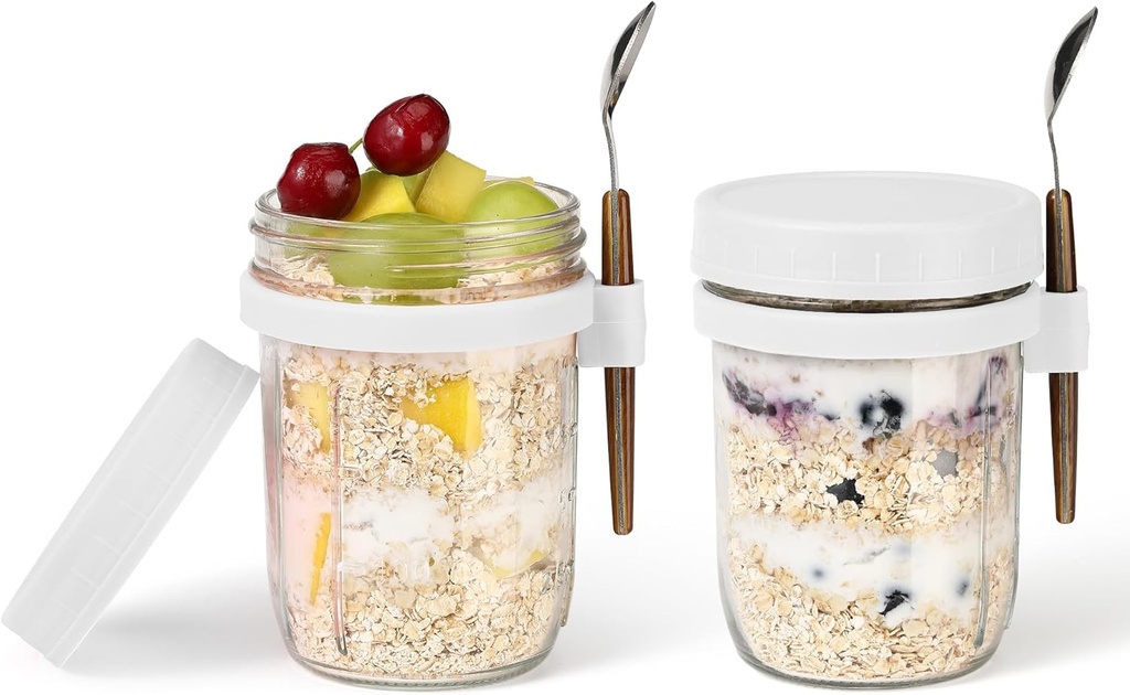16oz Glass Mason Overnight Oats Jars, Cereal, Yogurt, Salad Lunch,Glass Overnight Oats Containers with Lids and Spoon, Container with Measurement Marks - (White-2Pcs)