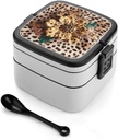 Vintage Leopard Flower Bento Box Adult Lunch Box All-in-One Lunch Containers with Removable Compartments Double Layer Bento Lunch Box with Spoon And Handle Stackable Lunchbox