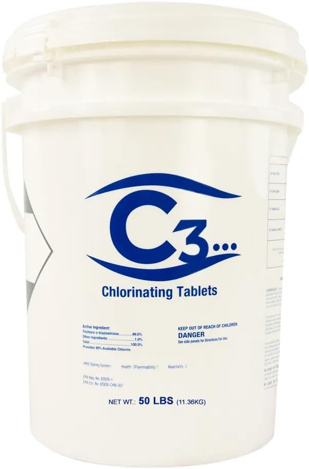 C3... 3" Stabilized Chlorine Tablets for Swimming Pools | Easy to Use | for Above Ground or Inground Pool | Individually Wrapped Chlorinating Tabs | Slow Dissolving | 50 lbs