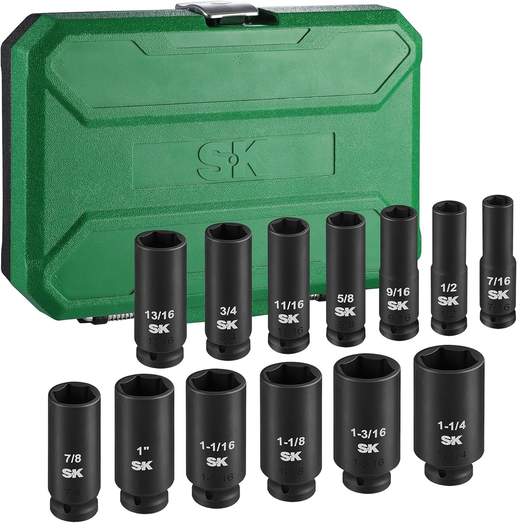 SK 1/2" Drive Impact Socket Set, Deep SAE Sockets, 13-Piece 7/16" to 1-1/4", Premium CR-MO Steel, SureGrip 6 Point Design, With Storage Case