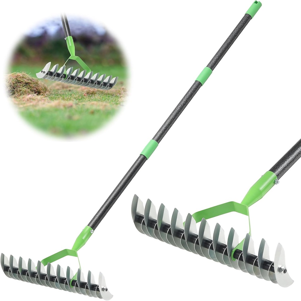Thatch Rake, Garden Dethatcher Rakes for Lawns Heavy Duty, Metal Thatcher with Double-Sided Sharp Rake Head for Dead Grass Moss Remove, Loosen Soil, 53" Manual Thatching Tool for Gardening, Yard