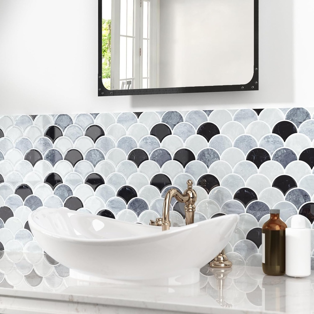 WESTICK 3D Textured Marble Peel and Stick Backsplash Heat Resistant Kitchen Backsplash Tiles Waterproof Shell Peel and Stick Wall Tiles for Bathroom Sink Camper Grey White Black 10 Sheet 12" x 12"