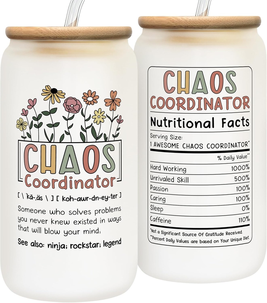 Thank You Gifts for Women, Boss Lady, Coworker, Manager, Office, Teacher, Nurse, Mom, Friends - Chaos Coordinator Gifts - Birthday Coffee Cup for Women - 16 Oz Frosted 2-sided Can Glass