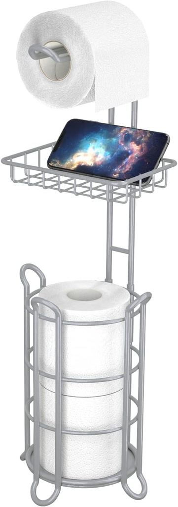 Toilet Paper Roll Holder Stand Bathroom Tissue Holders Free Standing with Middle Shelf Storage Reserve Mega Rolls/Phone/Wipe-Gray
