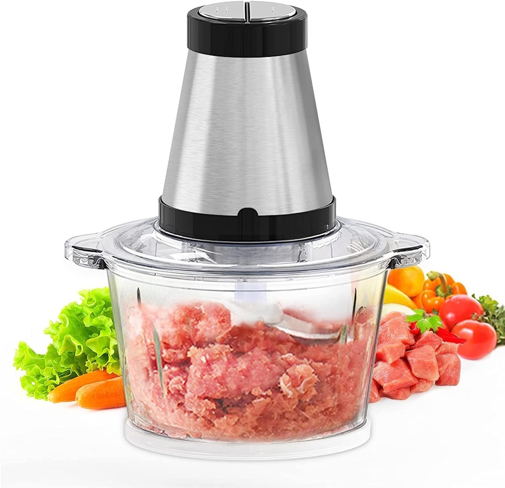Food Processor and Blender with 2 Speeds, Home Kitchen Food Chopper for Meat, Vegetable, Onion, 2L Large Capacity Glass Bowl for Ingredients, Low Noise, Detachable Sharp Blade, Easy to Clean