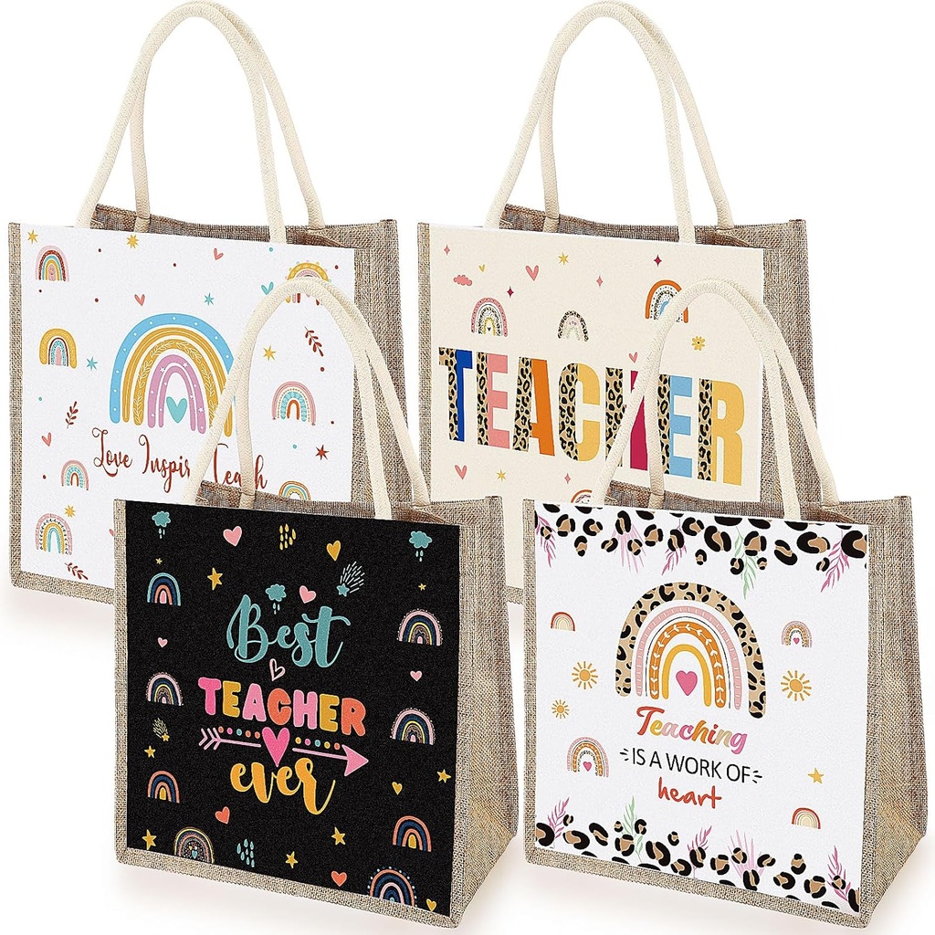 Silkfly 4 Pcs Teacher Appreciation Tote Bag Gifts for Women Rainbow Pattern Teacher Appreciation Gifts Burlap Tote Bag with Handles for Graduation First End Day of School Grocery Shopping