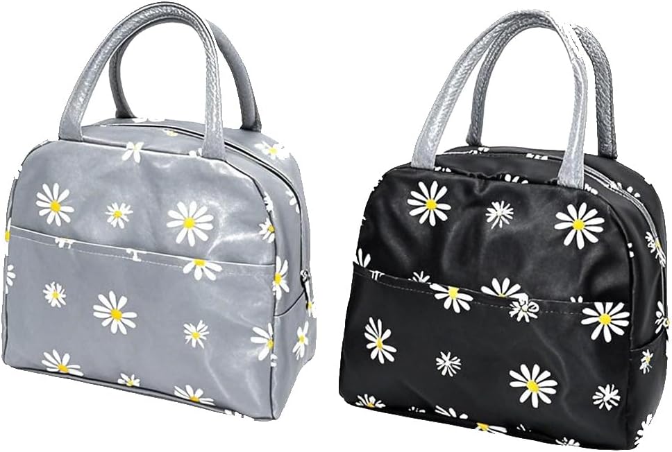 2pcs Chic Daisy Insulated Lunch Bag - Portable Thermal Bento Box Carrier with Durable Oxford Fabric & Zip Closure, Gray/Black