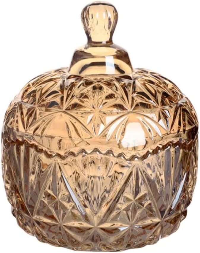 SHUILING Crystal Candy Jar with Lid Glass Candy Dishes Sugar Bowl Chocolate Cookie Jar Food Containers Wedding Candy Buffet Jar Decorative Jewelry Box for Home Office Desk (Amber)