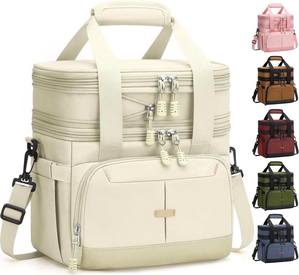 Lunch Box for Men Women Double Deck Insulated Lunch Bag for Men Woman Leakproof Expandable Cooler Bag with Adjustable Shoulder Strap for Kid Work School Picnic Camping(Beige,Medium)