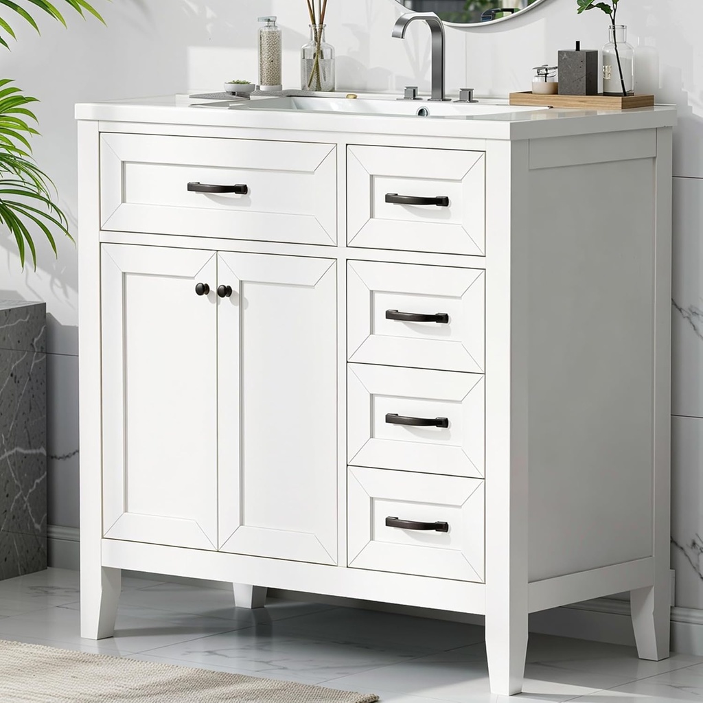 DlandHome 36”Bathroom Vanity with Sink,Freestanding Vanity Cabinet with Black Handles,Soft Closing Doors & Drawers, Modern Bath Vanity with Ceramic Porcelain Basin,Faucet Not Included,White