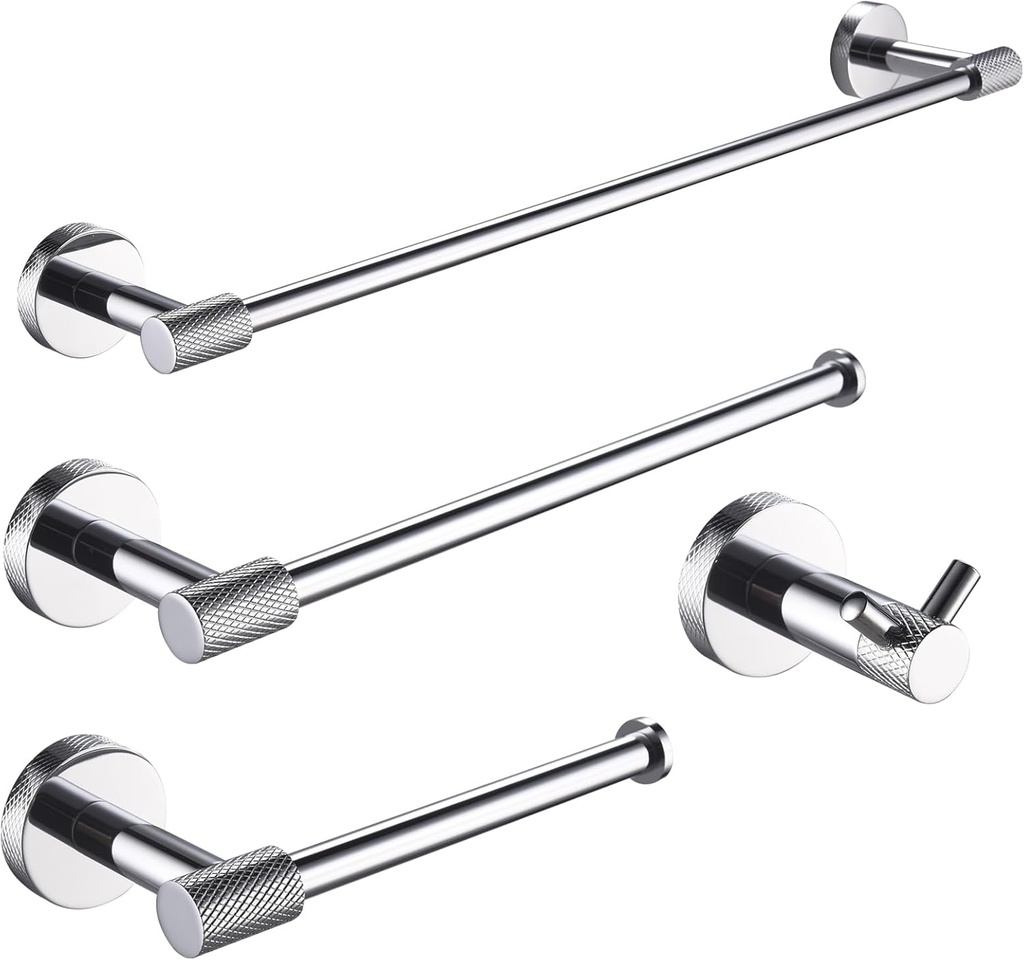 4-Piece Bathroom Hardware Set - Includes 24" Towel Bar, Hand Towel Bar, Toilet Paper Holder & Robe Hooks, 304 Stainless Steel & Chrome Finish, Stylish Knurled Design for Modern Bathroom