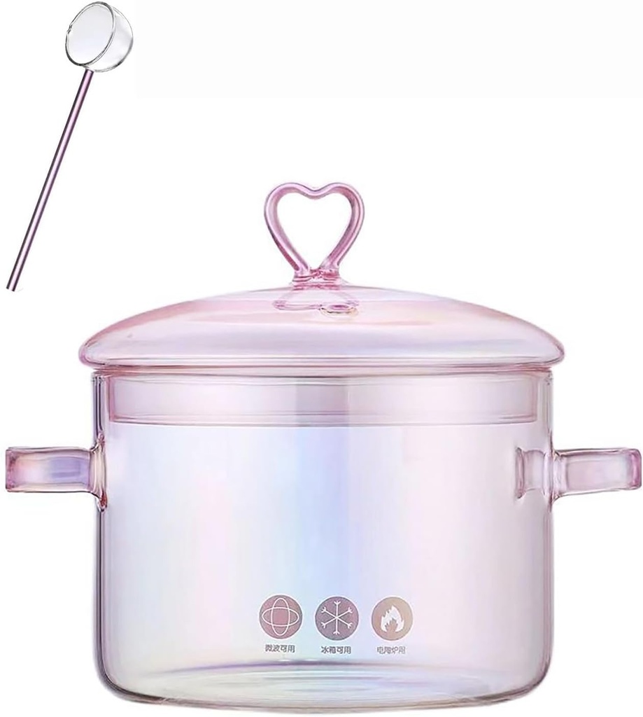 Heat Resistant Glass Pot, Clear Glassware Glass Pot, Glass Saucepan with Lid for Cooking Milk Pasta Soup, 1.9L, Borosilicate Glass, Translucent Pink