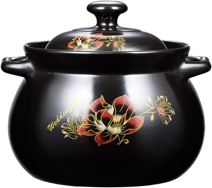 Deep Ceramic Casserole, Flower Pattern Clay Pot Clay Pot Soup Pot with Lid Healthy Slow Cooker Heat Resistant Pot Black 7.4 Quartz