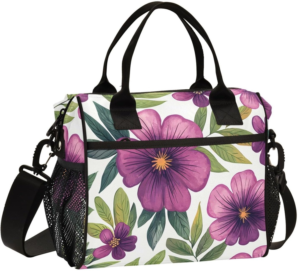Lunch Bag Box for Women Men, Purple Green Flower Pattern Reusable Insulated Lunch Tote, Leakproof Shoulder Bags Cooler with High Capacity for Work,Picnic,Camping