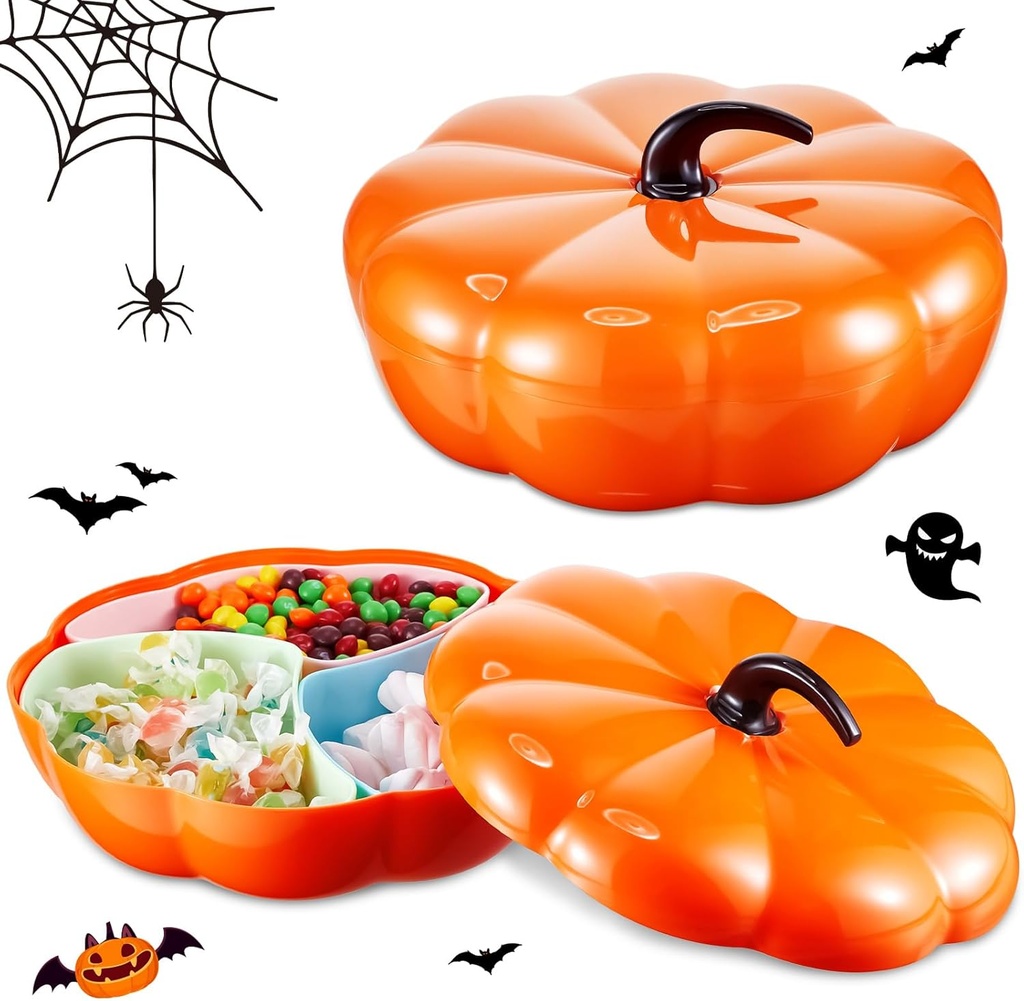 Sliner 2 Set Halloween Pumpkin Snack Tray with Lid Plastic Divided Pumpkin Candy Bowl Fall Thanksgiving Halloween Serving Tray for Candy Appetizer Nuts Food (9.8 x 9.8 x 3.5 Inches)
