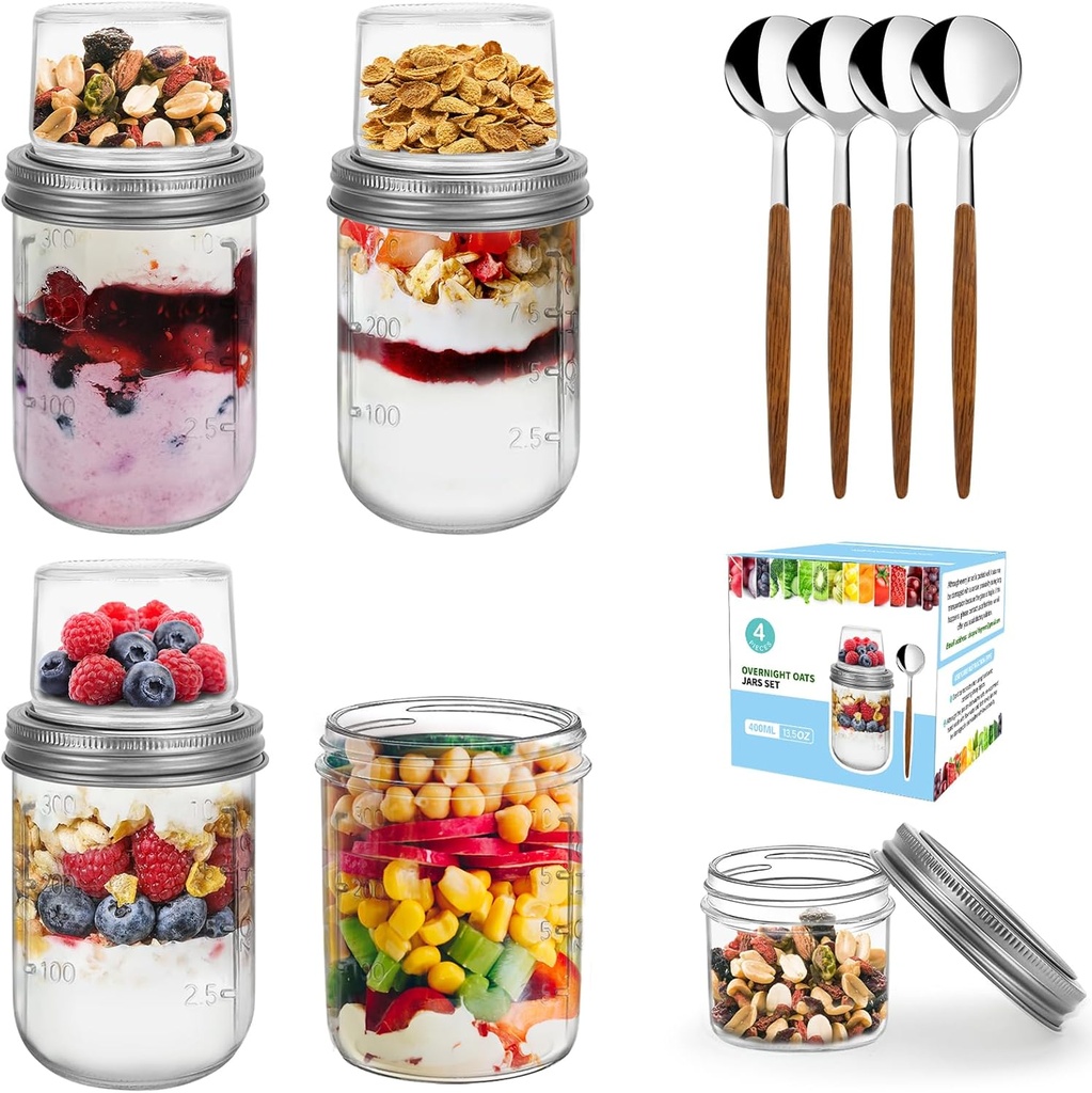 4 Pack Overnight Oats Containers with Lids and Spoons, Dual-Layer Chia Pudding Jars with Dry/Wet Separation,Yogurt Parfait Cups, 16 oz Glass Mason Salad Jars with Lids for Breakfast Oatmeal Cereal