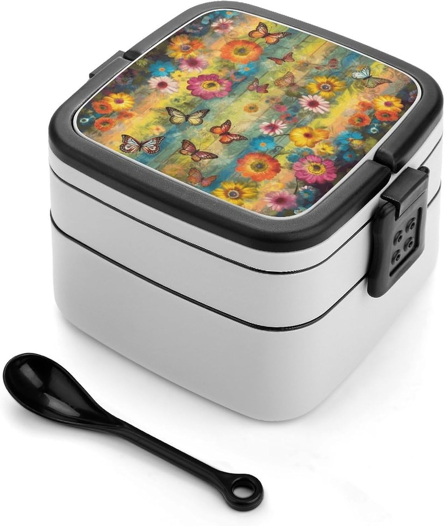 Flowers And Butterflies Bento Box Large Capacity Double Layer Lunch Boxes Portable Leakproof Meal Box Stackable Lunch Container For Work Picnic Camping