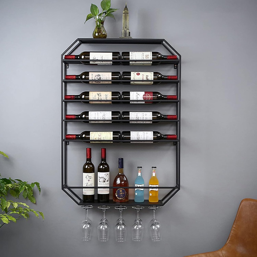 Wine Rack Wine Rack Vintage Decorative Modern Gold/Black Metal Round Wall Mounted Wine Display Rack with Wine Glass Goblet Holder Hanging Wine Holder for Bar Wine Cellar Kitchen Counter