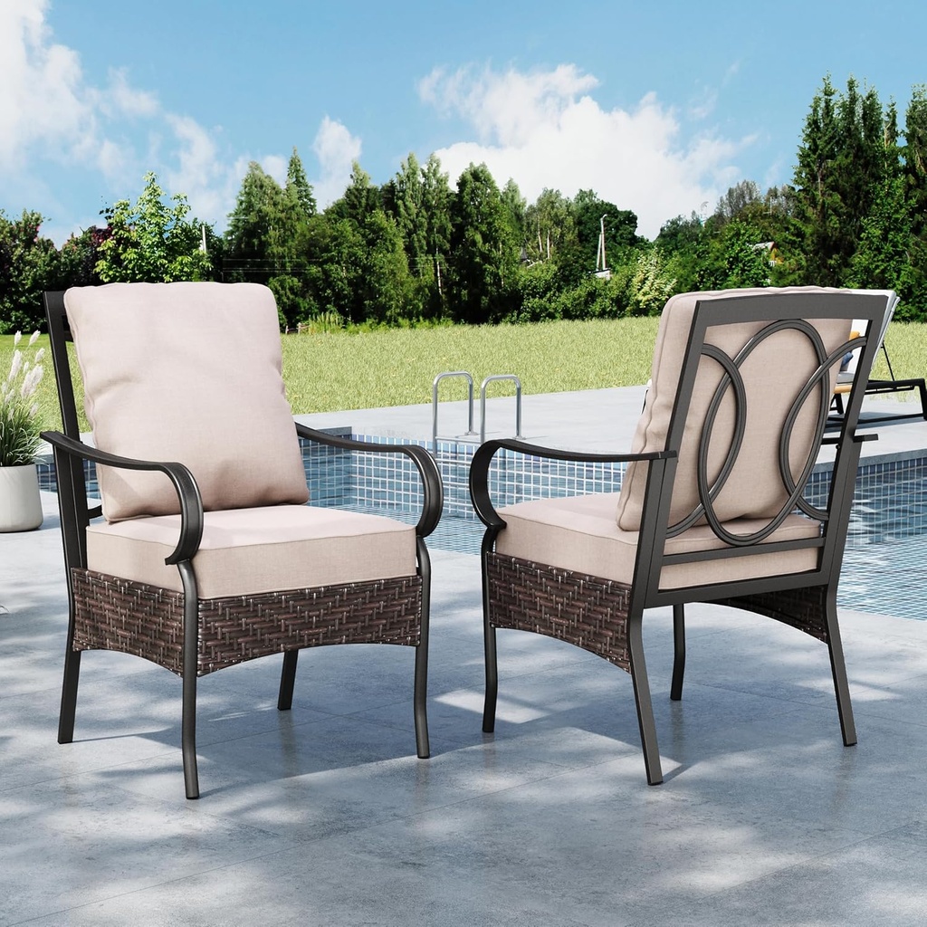 MFSTUDIO Outdoor Patio Chairs Set of 2, Metal Wicker Dining Chairs with Thick Cushions and Armrests, Outdoor Furniture Chairs for Dining Table, 300lbs