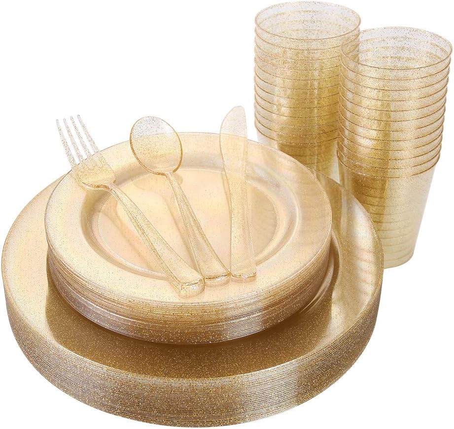 I00000 150PCS Gold Disposable Plates Silverware, Gold Glitter Dinnerware Set Include 25 Dinner Plates 10.25’’, 25 Dessert Plates 7.5’’, 25 cups 10 OZ, 25 Forks, 25 Knives, 25 Spoons for Wedding,Party