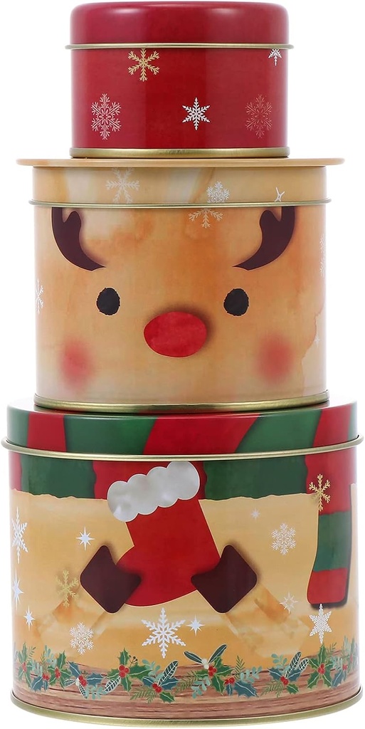 DOITOOL Christmas Cookie Tins 3 Layer Cute Deer Design Christmas Cookie Jar with Lid Decorative Round Candy Cookie Box Metal Cookie Storage Container for Christmas Party Favor Supplies