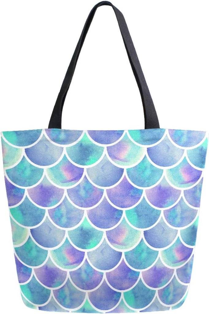 Chic Extra Large Shoulder Grocery Tote Bag, Beautiful Rainbow Scales of Mermaid Canvas Reusable Handle Bags for Men Women Gym Weekender Picnic Beach Travel Home Storage Market Shopping