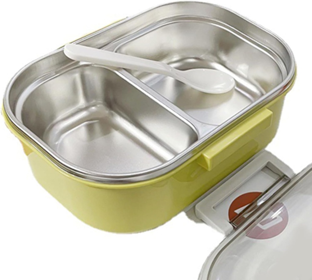 LIZEALUCKY Lunch Box, 2 Compartments Bento Box Lunch Container Portable Bento Box Stainless Steel Liner Safety Lunch Box for Adult,7.9x5.3x3.1in (Yellow and Green)