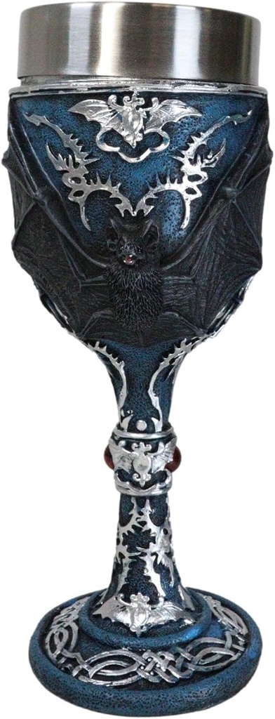Ebros Gift Gothic Mysterious Vampire Dracula Flying Bat Royal Blue With Silver Knotwork Scroll Patterns Wine Goblet Chalice Decor Figurine Bats Halloween Drinkware Party Accent