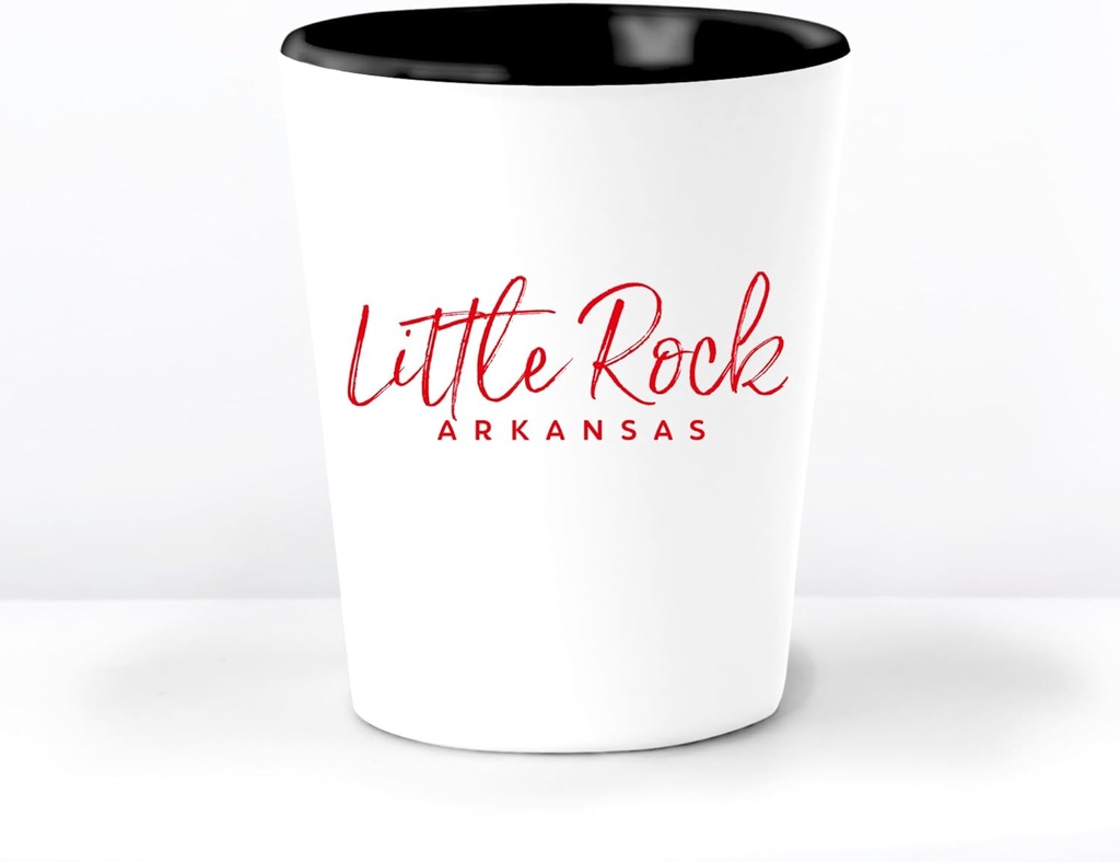Little Rock AR Ceramic 1.5 Ounce Souvenir Shot Glass - White With Black Interior - Bachelor & Bachelorette Party Favors - Bridesmaid & Groomsmen Present - Arkansas Home Town Decoration