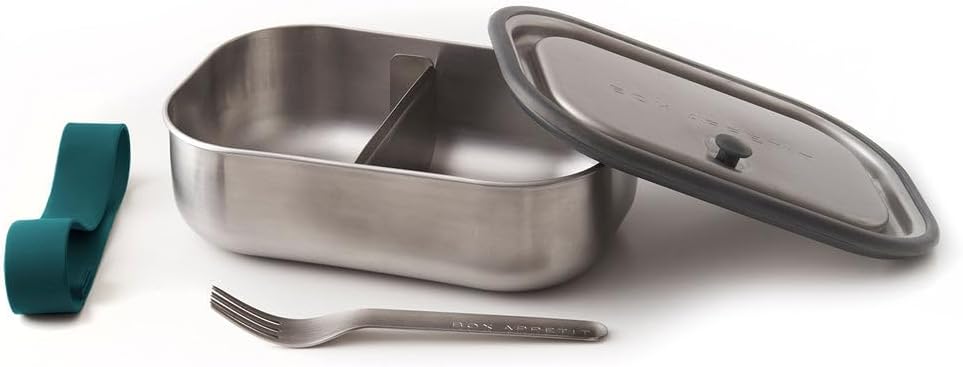 Black+Blum Stainless Steel Lunch Box | Leak Proof 3-in-1 Multi-Functional Plastic Free Vacuum Valve Bento Box with Compartment Divider and Accessories, Ocean