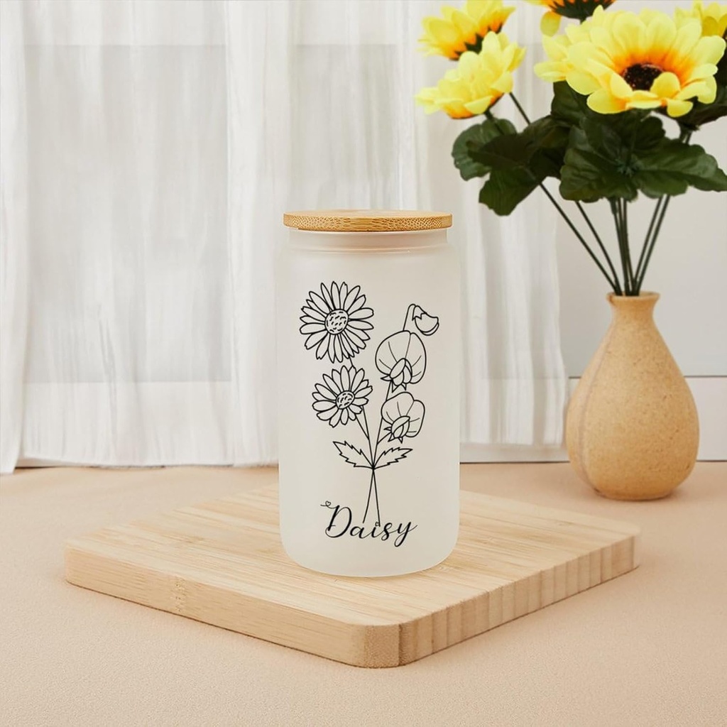16 Oz Birth Flower Drinking Glasses Tumbler with Bamboo Lids and Glass Straw Custom Floral Can Shaped Glass Cups for Soda Boba Tea Cocktail Personalized Ice Coffee Cup Birthday Gift