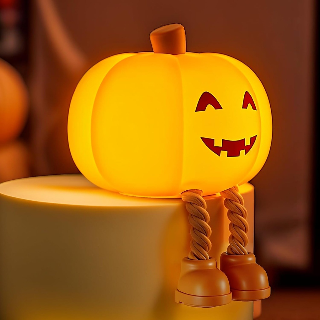 YISSVIC Cute Pumpkin Night Light Rechargeable Halloween Decor Pumpkin Lamp, Squishy Silicone 3-Level Dimmable Brightness Touch Control 30-Minute Timer, for Kids Family Bedroom Fall Decorations
