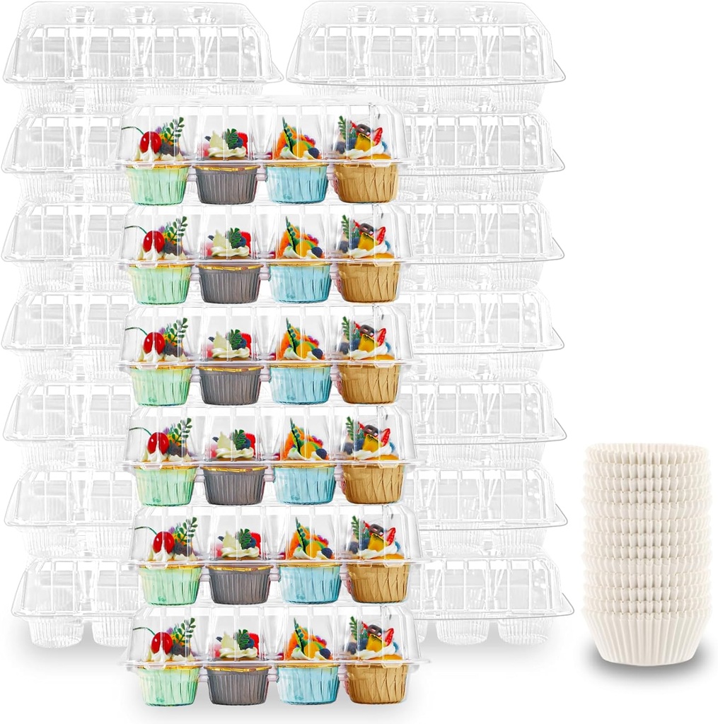 12 Count Cupcake Containers, 12 Pack Clear Plastic Cupcake Carriers Holders With Lid, Disposable Cupcakes Container Boxes, Stackable Cupcakes Carrier with 144 Liners, BPA Free
