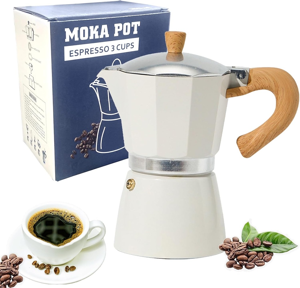 ORIJOYNA Aluminium Stovetop Espresso Maker - 3 Espresso Cups - 5 oz Moka Pot Italian Coffee Pot Espresso Maker for Gas and Electric Stove（White）