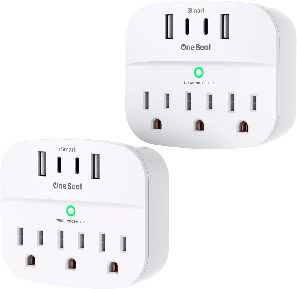 One Beat 2 Pack Multi Plug Outlet Splitter with USB,Surge Protector Outlet Extender with 3 Wall Outlets 4 USB Wall Charger(2 USB C),490 J, ETL Listed,Small Outlet Adapter Plug Extender for Travel,WH