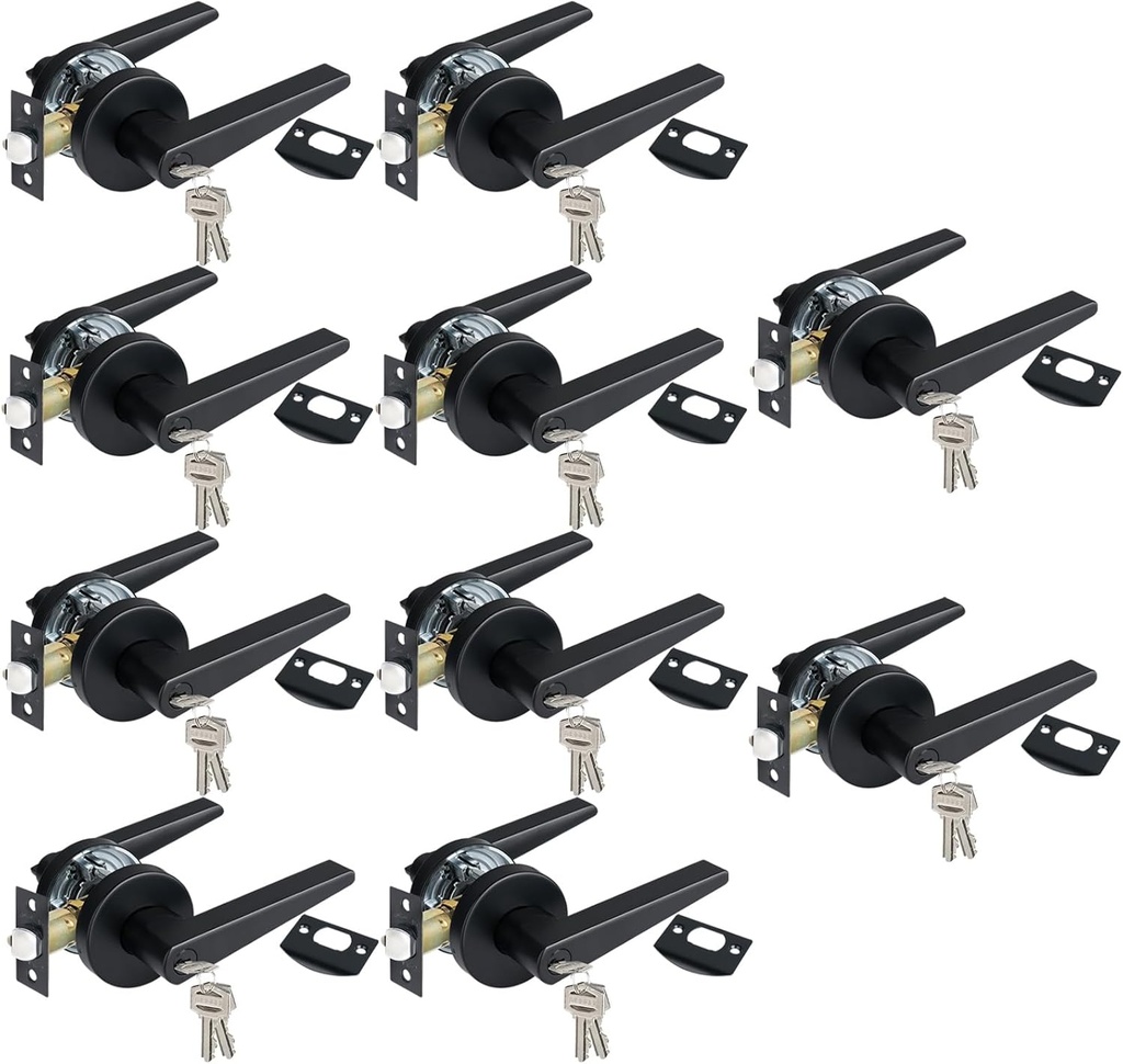 Keyed Entry Door Lever, 10 Packs, Exterior/Interior Handle with Lock for Front Door/Office, Matte Black Finish, Left&Right Hand