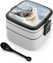 Cute Polar Bear Bento Box Adult Lunch Box All-in-One Lunch Containers with Removable Compartments Double Layer Bento Lunch Box with Spoon And Handle Stackable Lunchbox