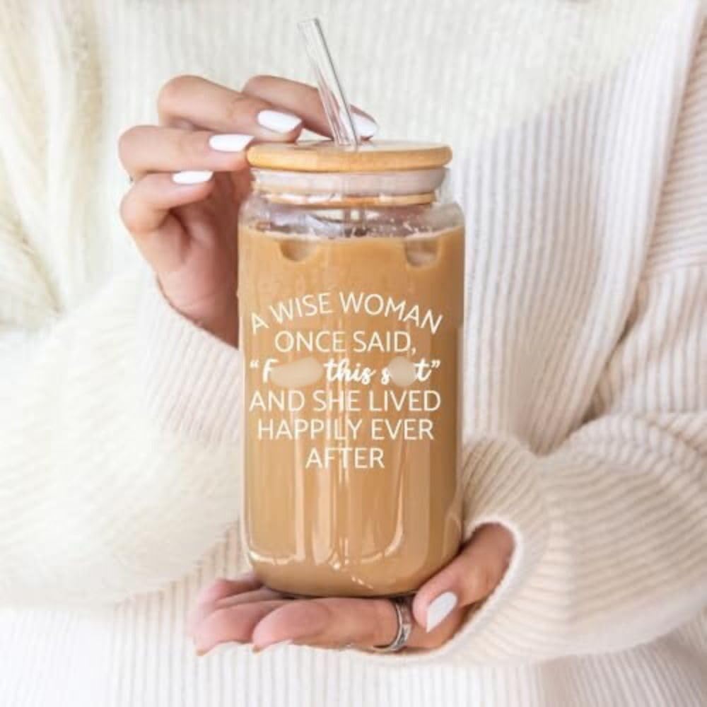 Funny Christmas Gift,Gag Gifts for Women,Retirement Gifts for Woman 2024, A Wise Woman Once Said,16oz Coffee Glass Cup with Bamboo Lids