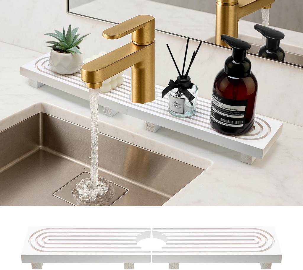 White Faucet Mat for Kitchen Sink Water Splash Guard Behind Faucet Wooden Kitchen Sink Drip Catcher Tray Around Faucet Bathroom Soap Counter Tray Wood Riser Pedestal Stand Sink Protector Accessories