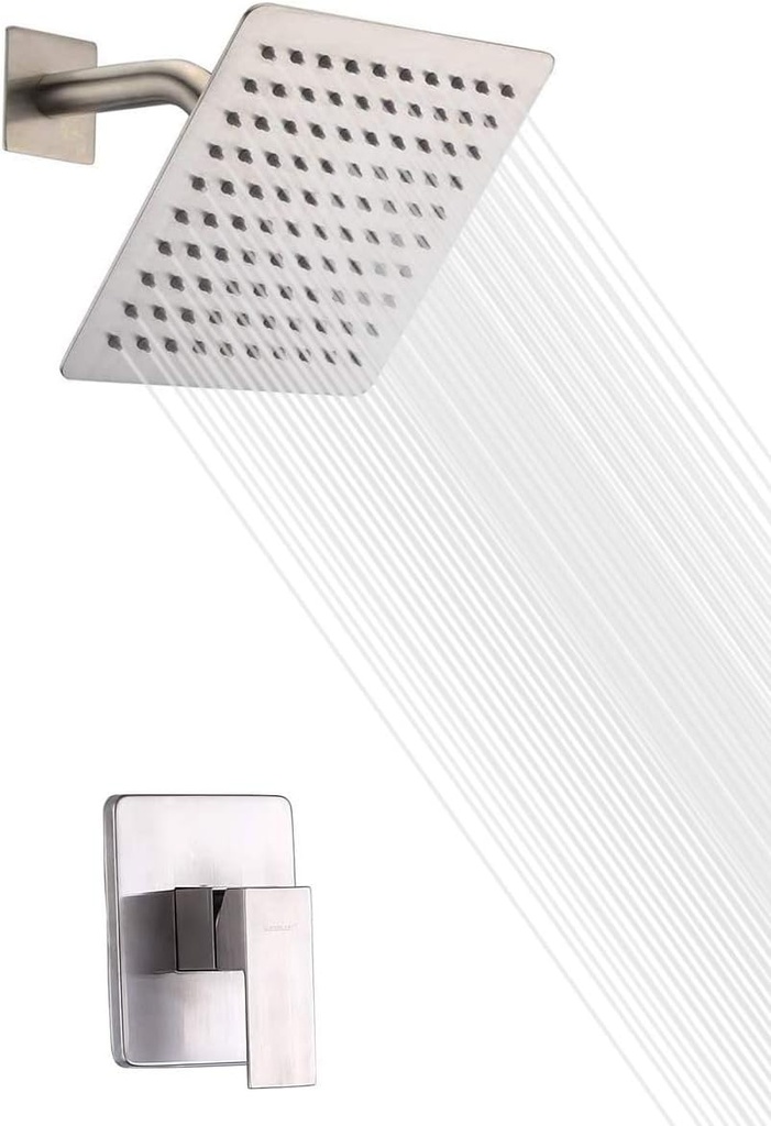 SUMERAIN Shower Faucet Brushed Nickel, Single Function Shower Trim Kit with Rough-in Valve, 8" Square High Pressure Rain Shower Head
