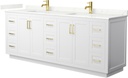 Wyndham Collection Miranda 84 Inch Double Bathroom Vanity in White, Giotto Quartz Countertop, Undermount Square Sinks (1-Hole), Brushed Gold Trim