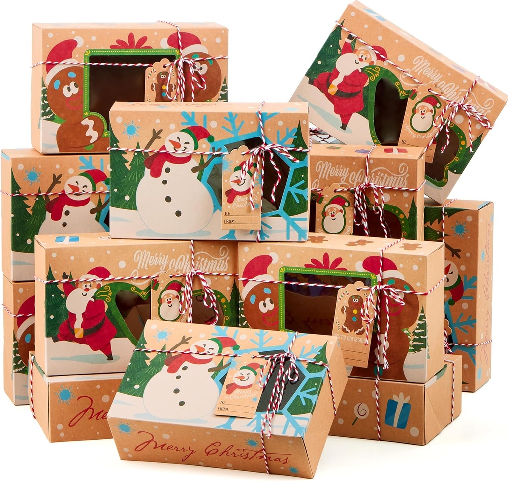 JOYIN 24 PCS Christmas Cookie Gift Baking Box 8.75" x 5.75" x 2.75” with Window Auto-Popup, Xmas Holiday Treat Boxes Containers with Tags for Party Favor Pastries, Cupcake, Brownies, Donut Gift-Giving