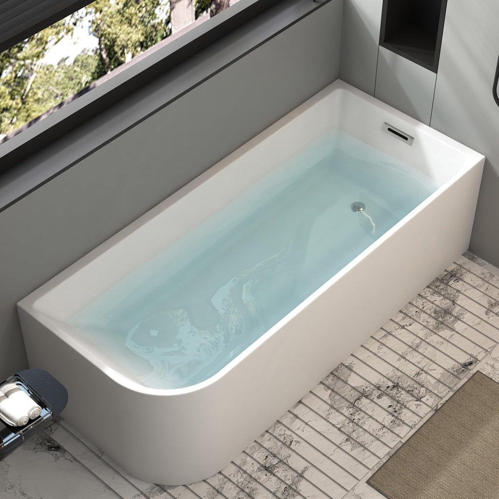 59 x 28 inch Corner Bathtub Right Drain, Modern Freestanding Soaking Tub, Deep Spa Stand Alone Acrylic Tubs with Right Hand Drain & Overflow, 59" L x 28-3/4" W, Glossy White,Sapce Saving