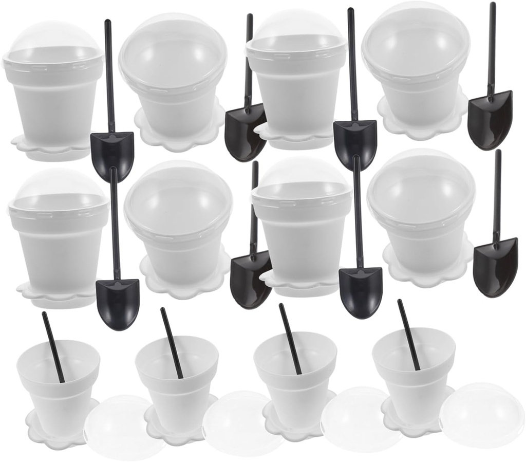 Luxshiny 20PCS Flower Pot Cupcake Cups with Lids and Random Color Shovels Plastic Dessert Containers for Yogurt Mousse Cake and Ice Cream for Birthday Parties Weddings and Bbqs Random Color